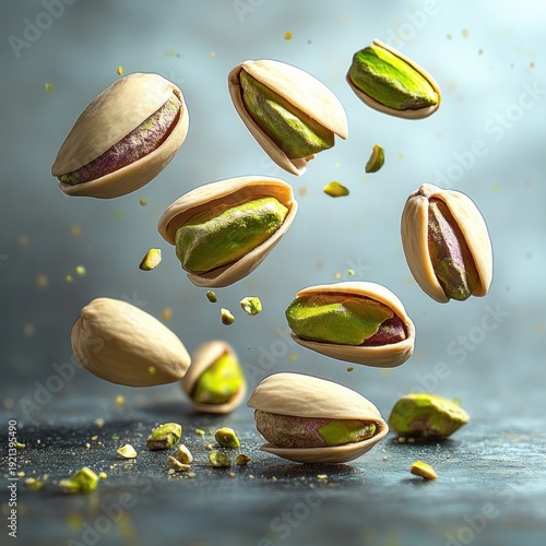dynamic composition of floating pistachio nuts with cracked beige shells, vibrant green kernels and scattered crumbs conveying playful energetic motion against a soft blue-gray background