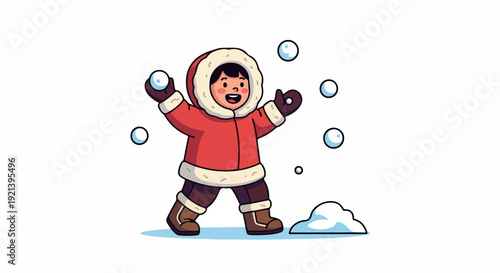 A cheerful cartoon child in a red winter coat throwing snowballs in a playful scene with a small snow pile and floating snowballs against a clean white background.