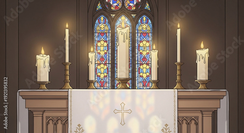 Serene church altar with stained glass window white cloth and lit candles evoking peaceful worship and spirituality