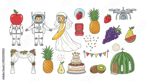 Whimsical Fruit Wedding: An whimsical illustration featuring astronaut fruits in space suits holding hands at a fruit wedding ceremony. Colorful food items. 