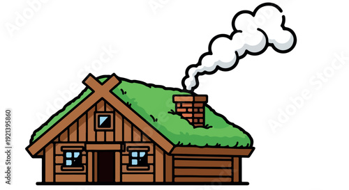 A cartoon-style illustration of a cozy wooden cabin with a green roof and smoke rising from the chimney against a plain white background.