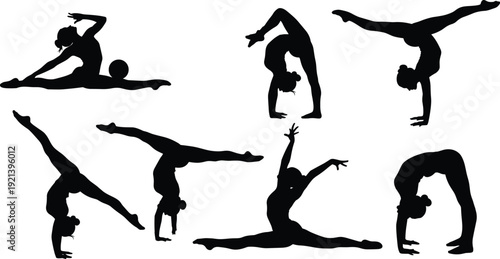 Gymnast silhouettes collection, acrobatic poses, handstands, splits, backbends, rhythmic gymnastics, balance, flexibility, strength, artistic sport, dynamic movement, fitness illustration