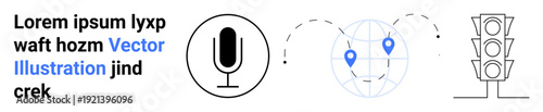 Voice recognition, geolocation, navigation systems, urban planning, global connectivity, traffic management. Black microphone, globe with pins and simple traffic light icons. Voice recognition