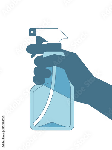 Hand holding a blue spray bottle with nozzle and trigger