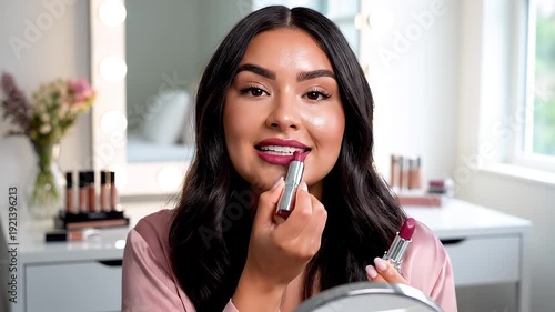 Woman applying makeup in bathroom.