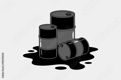 Three oil barrels with spilled oil on the ground around them
