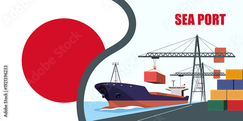 Japanese sea port with cargo ship and containers  industrial transportation hub