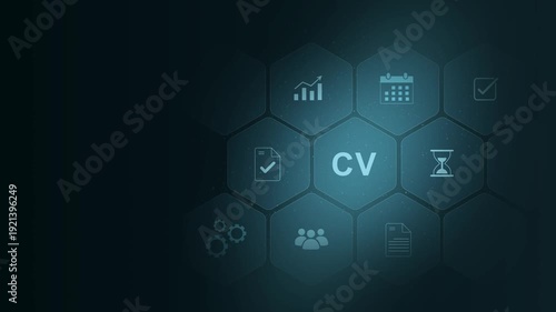 CV Coefficient of Variation acronym. CV acronym Ratio of standard deviation to the mean, indicating relative variability. Modern technology. digital interface on cyan color background