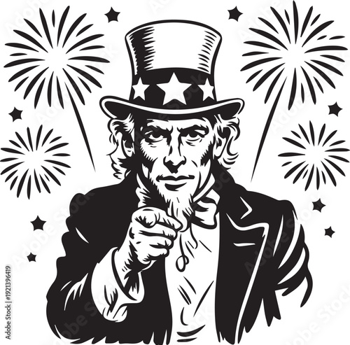 Vintage Uncle Sam illustration with fireworks and stars, isolated on transparent background