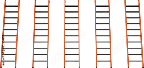 Five orange ladders with black rungs on white background step ladders climbing ladders