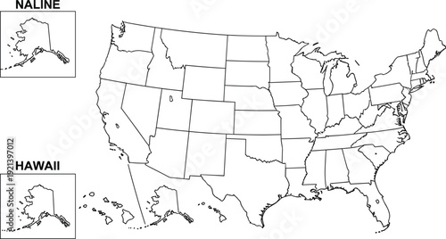 Black and white United States map with state boundaries including Alaska and Hawaii vector illustration