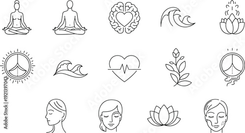 Mental health and meditation line icon set for wellness and yoga