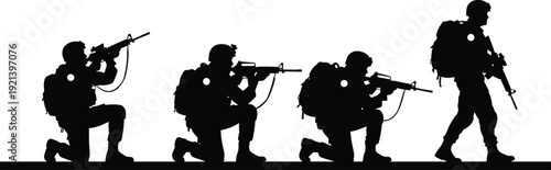 Title: Military soldier silhouettes kneeling and standing in front of a battlefield cross memorial featuring a helmet on a post.