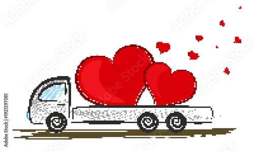 The pixel truck with pair of red hearts.