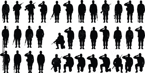 Military soldier silhouettes collection, standing, saluting, kneeling, holding rifles, army poses, patriotic, defense, honor, remembrance, combat, troops, uniform