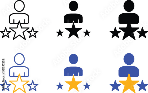 Professional Customer Review Rating Icons Set Featuring Human Profile Avatar With Gold Ranking Stars For Business Feedback Hand Drawing Vector Silhouette Pictogram and Line Icon Set.eps