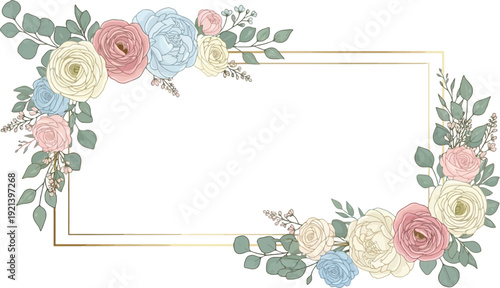 Elegant golden rectangle frame decorated with vintage rose flowers