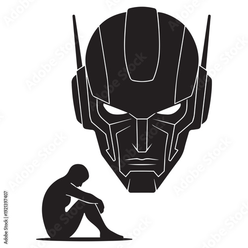 Dejected person sits alone near a giant, menacing robot head, conveying feelings of isolation and oppression.