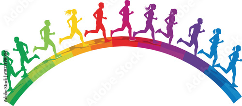 Rainbow running silhouettes, colorful athletes, gradient path design, fitness, diversity, unity, motion, speed, energy, sports art, marathon, training, exercise