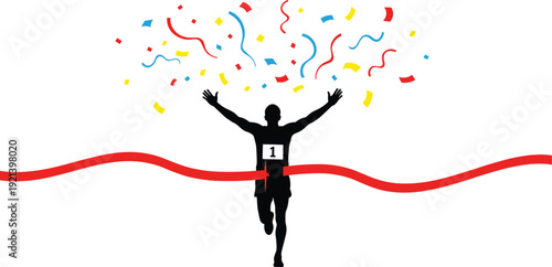 Runner crossing finish line silhouette, victory pose, first place athlete, sports achievement, success, competition, celebration, fitness, dynamic motion
