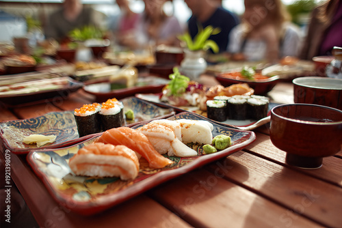 Japanese diners enjoying outdoor sushi tasting on a wooden table — patterned ceramic plates with salmon nigiri, ikura gunkan, wasabi and lacquer tea cups