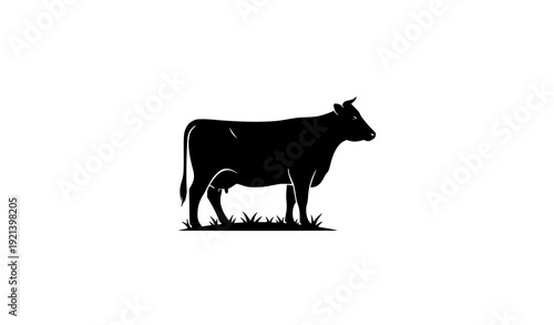 Modern Black Cow Silhouette Standing on Grass Field Minimal Farm Logo Vector Illustration
