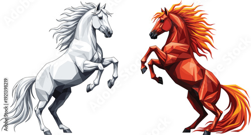 Rearing Horses Vector Illustration Set Featuring White and Red Stallions in Dynamic Pose Symbolizing Strength, Power, and Freedom
