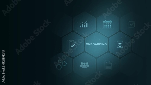 Onboarding concept. Person touch virtual onboarding icon for human resources business industry to introduce newly hired employee into an organization, digital interface on cyan color background
