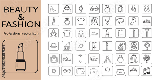 Beauty and fashion thin line icons collection featuring clothing accessories jewelry and cosmetics symbols on white background