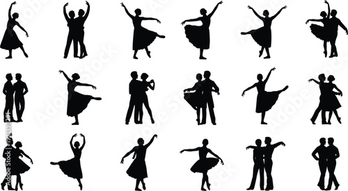 Set of black dance silhouettes featuring ballet dancers, ballroom couples, and contemporary performers in elegant artistic poses on white background.