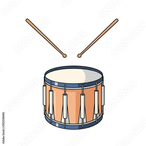 Traditional wooden snare drum with blue rims and a pair of drumsticks positioned above as if ready to play on white background.