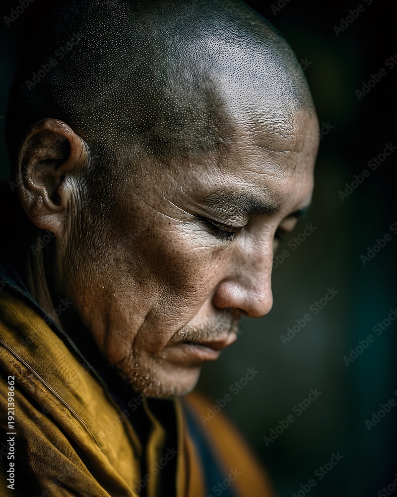 Obraz premium Contemplative portrait of a bald monk in deep meditation with soft spotlight surrounding him