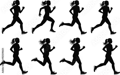 Running silhouettes sequence, female athlete, ponytail hairstyle, jogging poses, fitness motion, workout cycle, exercise stages, biomechanics, sports training, dynamic movement