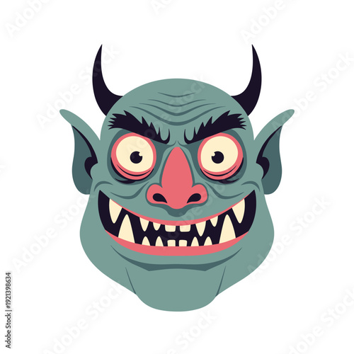 Scary green monster face with horns, large yellow eyes, and sharp teeth smiling maliciously in a cartoon style on white background.