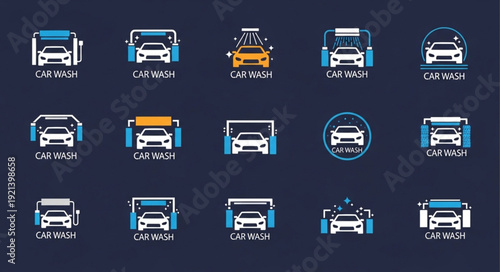 Collection of car wash service icons and logos.