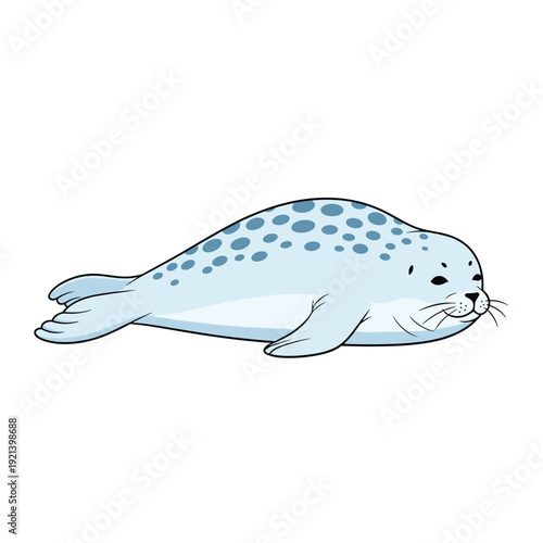 Cute light blue seal with dark spots lying down and looking forward in a simple flat vector illustration on white background.