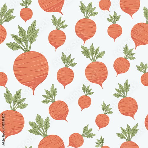 Seamless pattern featuring numerous orange radishes with green leafy tops scattered on a very light blue background.