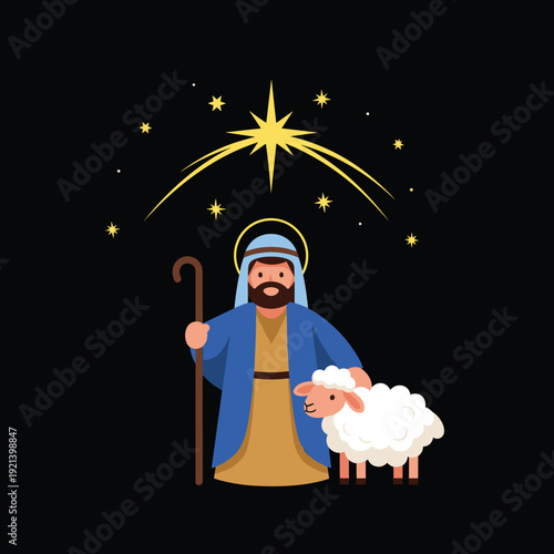 Christmas illustration of a shepherd holding a staff with a fluffy white sheep standing under a bright shining star at night.