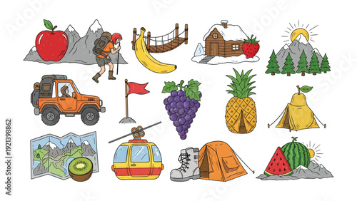 Adventure and Nature Icons: A vibrant collection of illustrated icons representing adventure, nature, and the great outdoors. Capturing the essence of exploration, travel, and the natural world.