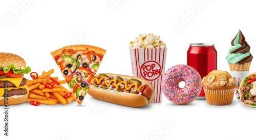 Assorted Fast Food and Desserts Display.