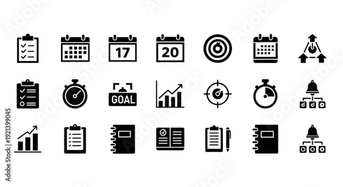 A collection of black productivity planner elements pack icons on a white background, featuring various symbols for business and organization.