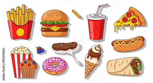 Assorted Fast Food Items and Treats Display.