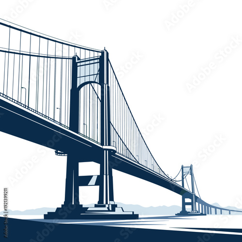 Detailed architectural illustration of a massive suspension bridge spanning across a wide body of water in two tones.