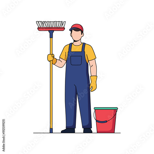 Male professional cleaner wearing blue overalls and a red cap holding a large broom next to a red bucket of water.
