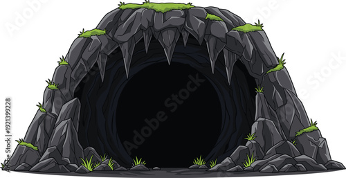 Rock Cave Entrance Vector Illustration with Dark Underground Tunnel and Natural Stone Formation for Adventure and Game Design