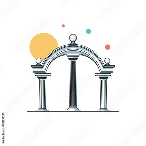 Elegant architectural illustration of a classical archway supported by three fluted columns with decorative spheres.