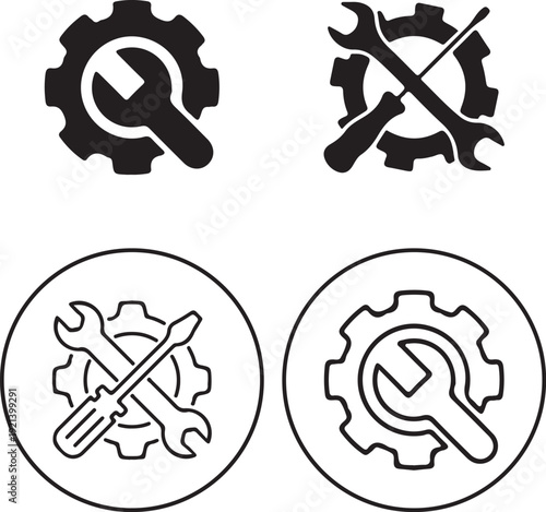 Service icons set. Wrench, screwdriver and gear icon. Screwdriver and wrench glyph icon. Settings and repair, service sign -with vector.