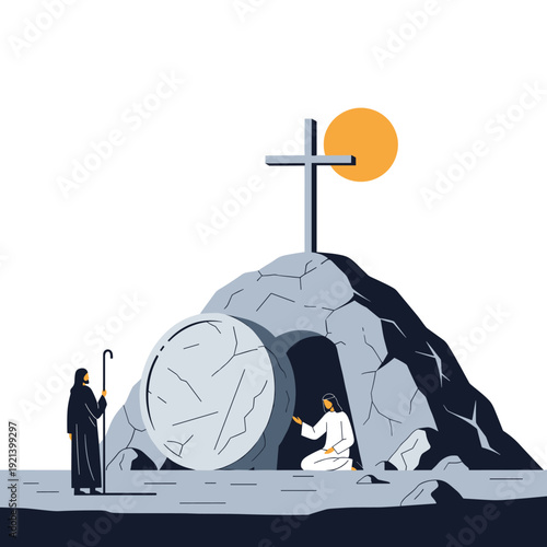 Symbolic religious illustration showing the empty tomb of Jesus with a kneeling angel and a shepherd under a cross.
