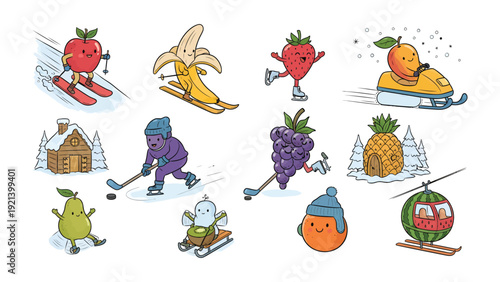 Whimsical Winter Sports Fruits: A collection of delightful cartoon fruits enthusiastically engaging in a variety of winter sports activities. Their playful antics bring a sense of joy and whimsy.