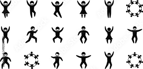 Silhouette icon set of happy jumping children and group of kids holding hands in circle, playful childhood, unity, and diverse community symbols.